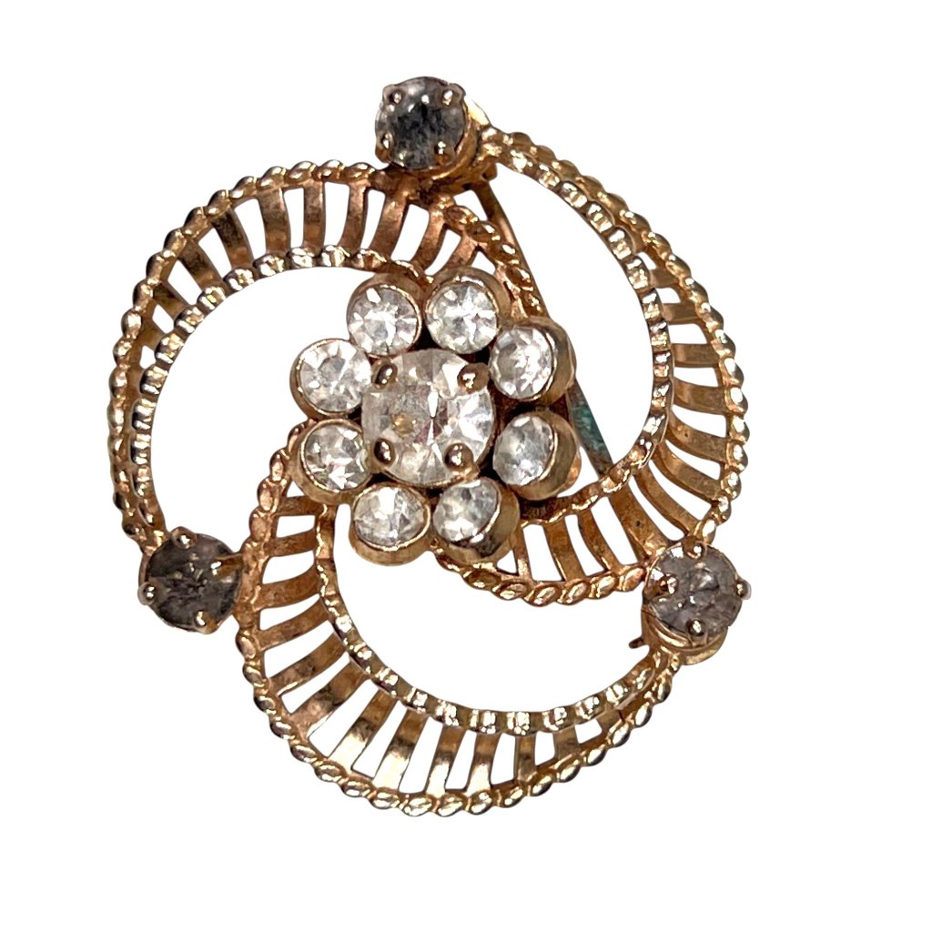 Vtg Barclay Gold Tone Clear And Gray Rhinestone Pinwheel Brooch Floral Art Deco